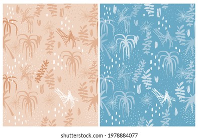 Simple Hand Drawn Abstract Seamlees Vector Pattern. Pale Pink and White Spots and Twigs on a Light Blush Pink Background. Freehand Irregular Print with Leaves and Daubs on a Blue Layout. 