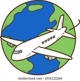 Simple hand drawn airplane flying around the planet earth outlined