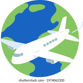 Simple hand drawn airplane flying around the planet earth flat colored