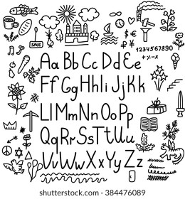 Simple hand drawn alphabet and icons