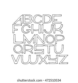 Simple hand drawn alphabet letters from A to Z, drawn with ink on white paper. Vector isolated on white abc font, good for creative lettering and writing. Black letters with empty space inside.