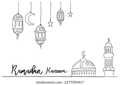 simple hand drawn arab lanterns, stars and mosque. Greeting card, invitation for muslim holiday Ramadan Kareem. Hand drawn vector illustration background.