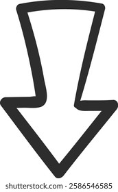 Simple, hand drawn arrow pointing downwards, suitable for representing concepts like downloading, decreasing, or indicating a downward direction