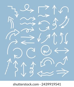 Simple colección de flechas dibujadas a mano. Flechas con diferentes formas, flechas de puntos. Flechas blancas sobre fondo azul. Ilustración de vector