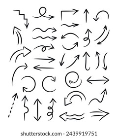 Simple hand drawn arrows collection. Arrows with different shapes, dotted arrows. Vector illustration