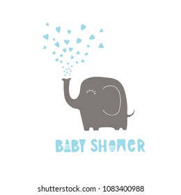 Simple Hand Drawn Baby Shower Vector Illustration. Cute Little Gray Elephant and Blue Hearts Fountain Isolated on a White Background. Blue Handwritten Baby Shower. Infantile Style Vector Nursery Art.