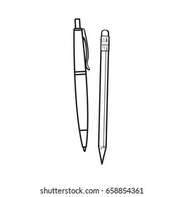 Simple hand drawn ball point pen and pencil, office supplies, black and white sketch style vector illustration isolated on white background. Realistic hand drawing of red school pen and graphite