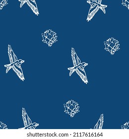 Simple hand drawn birds with artichoke buds in white on a blue background. Seamless repeat vector pattern. Great for fashion, textiles, surface textures, giftwrap, wallpaper.