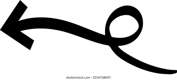 Simple, hand drawn black arrow elegantly curves and loops, creating a visual representation of a winding or indirect path leading to the left