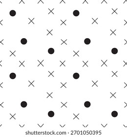 Simple hand drawn black dots and crosses pattern on white background for modern design and textile applications