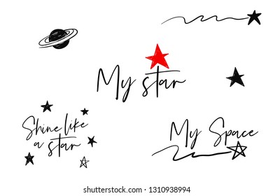 Simple hand drawn black line spase and cosmos illustrations on white background. Doodle brush, pen, marker art. Shine like a star, my space, little stars, underline, saturn, star. 