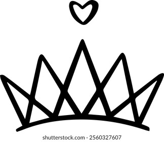 Simple, hand drawn black line art illustration of a crown with a heart floating above, representing love, royalty, and affection, perfect for Valentine s Day or any romantic occasion