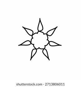 Una simple ilustración de línea negra dibujada a mano de una estilizada estrella o flor de siete puntas con un centro festoneado, sobre un fondo blanco.