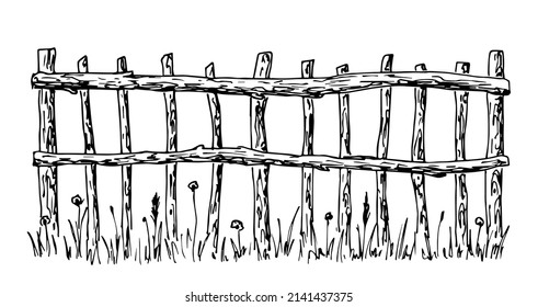 Simple hand drawn black outline vector drawing. Ink sketch, doodle. Rural wooden fence, wattle. Dividing, protection farm fields.