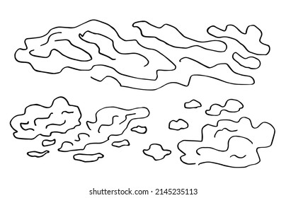 Simple hand drawn black outline vector illustration. Abstract shapes of clouds. Sketch in ink, curved lines.