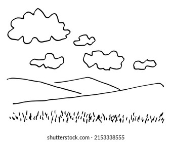 Simple hand drawn black outline vector drawing. Summer landscape. Mountains and grass, clouds in the sky. Sketch in ink. Nature and travel.