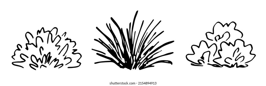 Simple Hand Drawn Black Outline Vector Drawing. Shrub Of Various Shapes, Bush Of Grass. Landscape Element, Nature And Vegetation. Sketch In Ink.