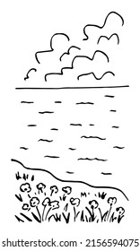 Simple hand drawn black outline vector illustration. Vertical summer seascape. Ocean, clouds in the sky, flowers on the shore. Sketch in ink.