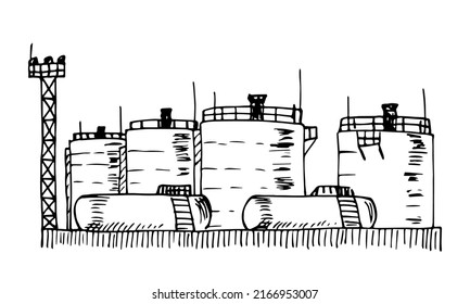 Simple hand drawn black outline vector drawing. Oil storage, liquid fuel tanks. Petrochemical industry. Sketch in ink.