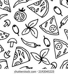 Simple hand drawn black outline vector seamless pattern. Pieces of pizza, olives, mushrooms, tomatoes, cheese on a white background. For wrapping paper, prints, labels. Street cafe, pizzeria.