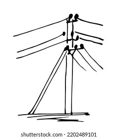 Simple Hand Drawn Black Outline Vector Illustration. Old Electric Pole With Wires On A White Background. Energy Transfer. Ink Sketch.