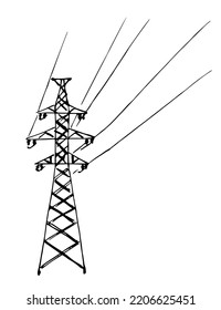 Einfache handgezeichnete, schwarze Umrissgrafik, Vektorgrafik. Elektromast, Drähte. Übertragungsleitung. Skizze mit Tinte.