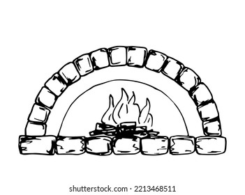 Simple hand drawn black outline vector drawing. Antique stone oven, open fireplace. Sketch in ink.