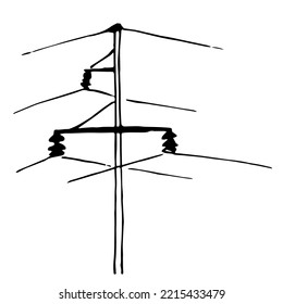 Simple Hand Drawn Black Outline Vector Illustration. Electric Pole With Wires On A White Background. Energy Transfer. Ink Sketch.