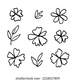 Simple hand drawn black outline vector illustration. Various abstract flowers, leaves and twigs. Sketch in ink. To create patterns, decoration.