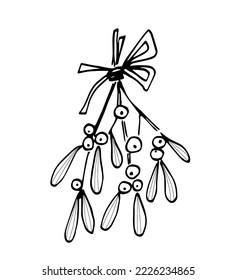 Simple hand drawn black outline vector illustration. Bundle of mistletoe, plant branches. Traditional Christmas decor. Sketch in ink.