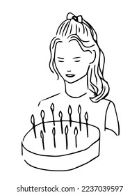 Ilustración simple del vector de contorno negro dibujado a mano. La adolescente hace un deseo por su cumpleaños. Quemando velas en un pastel. Esbozar con tinta.