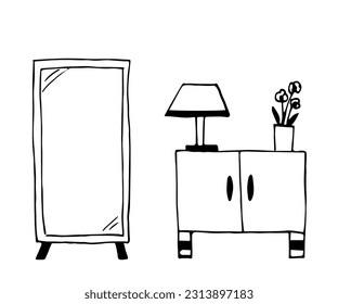 Simple hand drawn black outline vector illustration. Interior items, furniture, floor mirror. Chest of drawers, night light, vase of flowers, lampshade. Bedroom, dressing. Ink sketch.