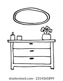 Simple hand drawn black outline vector illustration. Interior items, chest of drawers, oval mirror, flower vase. Boudoir, bedroom. Sketch in ink.