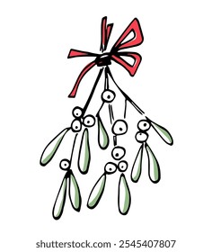 Simples mão desenhada preto esboço ilustração vetor. Um monte de visco, ramos de plantas. Folhas verdes, bagas brancas, arco de fita vermelho. Decoração tradicional de Natal. Esboço à tinta.