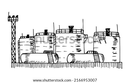 Simple hand drawn black outline vector drawing. Oil storage, liquid fuel tanks. Petrochemical industry. Sketch in ink.