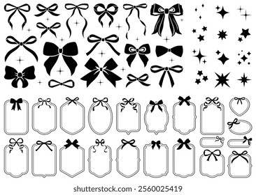 Simple hand drawn black ribbon bow collection. Bowknot for decoration, big set of bowtie. Large retro ribbon illustration set. Set of various cartoon bow knots, gift ribbons. Frames, bows, sparkles