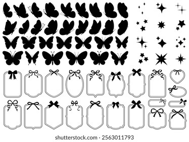 Simple hand drawn black ribbon bows and frames. Bowknot for decoration, big set of bowtie. Large retro hand drawn ribbon illustration set. Set of various cartoon bow knots, gift ribbons. Butterfly set