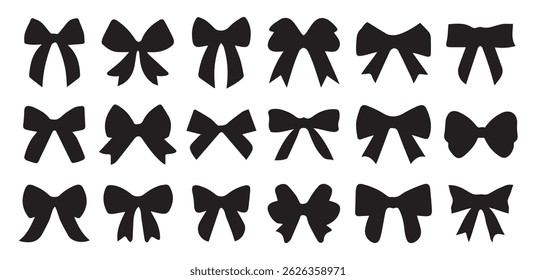 Simple hand drawn black ribbon bow collection. Bowknot for decoration, big set of bowtie. Large retro ribbon illustration set. Set of various cartoon bow knots, gift ribbons. Valentines day. Knot, tie