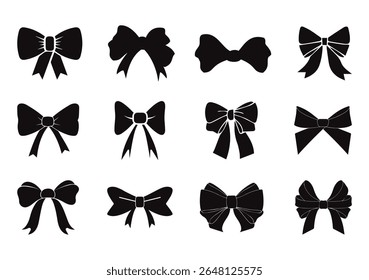 Simple hand drawn Black ribbon bow collection. Bowknot for decoration, 
big set of bowtie. large Retro hand-drawn ribbon illustration set. 
Set of various cartoon bow knots, gift ribbons.