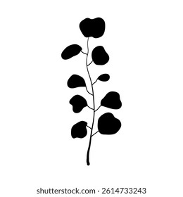 Simple hand drawn black silhouette of a eucalyptus branch. Botanical designe element.Vector.