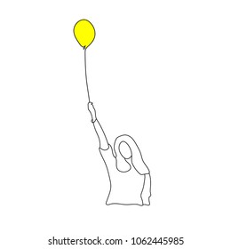 Simple hand drawn black and white silhouette of a young girl holding a yellow balloon in her hand. Vector illustration.