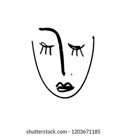 Simple hand drawn black and white trendy line portrait art. Monochrome print for clothes, textile and other. Vector illustration, EPS