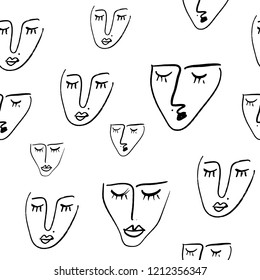 Simple hand drawn black and white trendy line portrait art. Monochrome print for clothes, textile and other. Vector illustration, EPS. Endless pattern, ornament and wallpaper