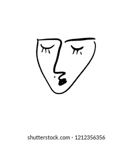 Simple hand drawn black and white trendy line portrait art. Monochrome print for clothes, textile and other. Vector illustration, EPS