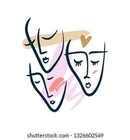 Simple hand drawn black and white trendy line portrait faces art. Color print for clothes, textile and other. Vector illustration, EPS
