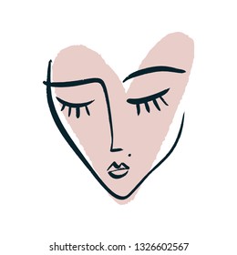 Simple hand drawn black and white trendy line portrait heart face art. Color print for clothes, textile and other. Vector illustration, EPS