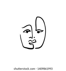 Simple hand drawn black and white trendy line drawing face. Abstraction. Monochrome print for clothes, textile and other. Vector illustration