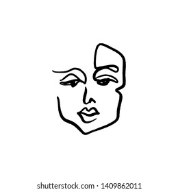 Simple hand drawn black and white trendy line drawing face. Abstraction. Monochrome print for clothes, textile and other. Vector illustration