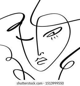 Simple hand drawn black and white trendy line portrait art. Abstract composition. Monochrome print for clothes, textile and other. Vector illustration