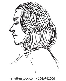 Simple hand drawn black and white trendy line portrait art